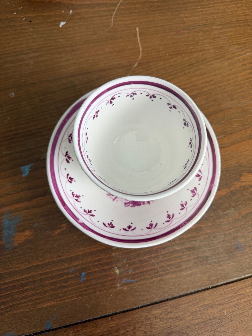 #23 early 19th-century English purple transferware handleless teacup and saucer